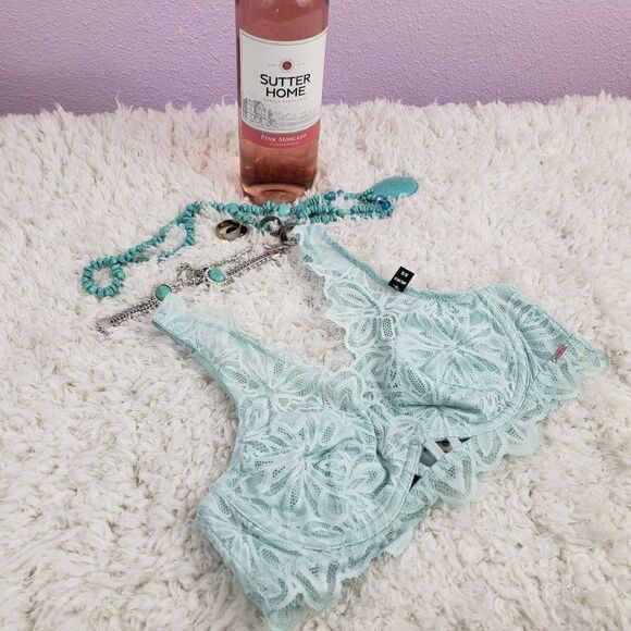 VS The Date Blue Light Lace Mesh Unlined Bralette - Picture 1 of 4